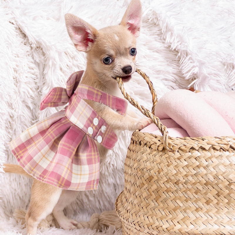 4 Pcs Plaid Dog Dress Bow Tie Harness Leash Set Harness Dress for Small Dogs Cute Dog Pet Girl Puppy Summer Clothes for Female Summer Bunny Rabbit Clothes Yorkie Chihuahua Training Walking XS - BeesActive Australia