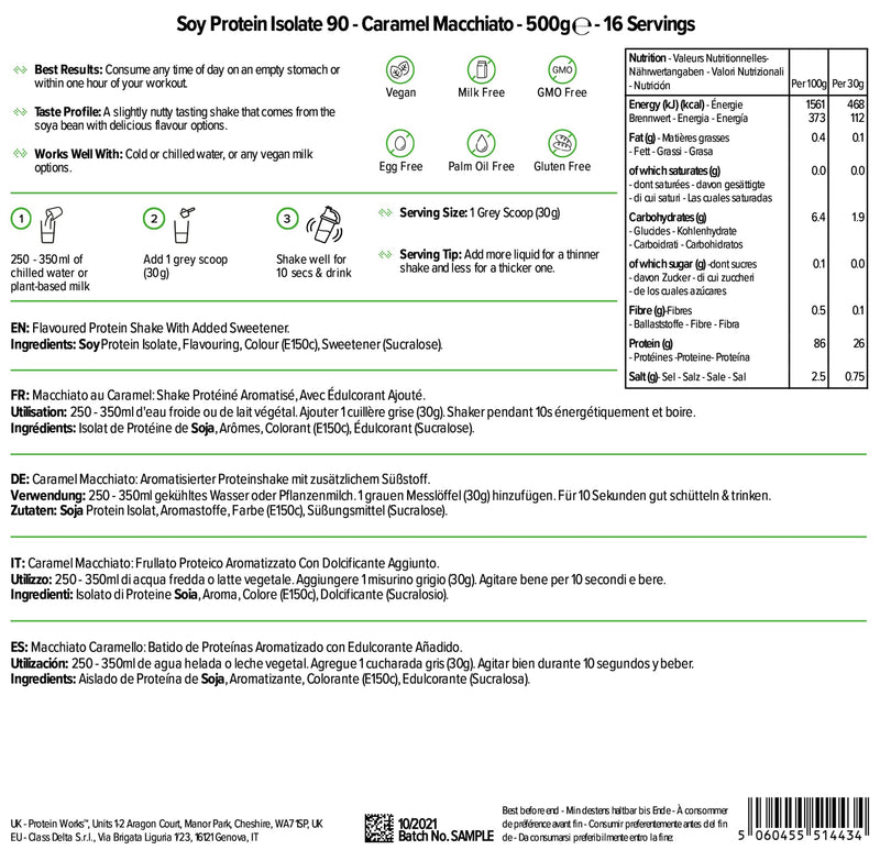 Soy Protein 90 (Isolate) Protein Powder | 100% Plant-Based | Low Fat | No Added Sugar | Gluten-Free | Protein Works | Caramel Macchiato | 500 g - BeesActive Australia