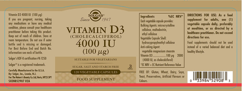 Solgar 4000IU Vitamin D3 - Healthy Teeth and Bones - Better Calcium Absorption - Pack of 120 Vegetable Capsules - BeesActive Australia