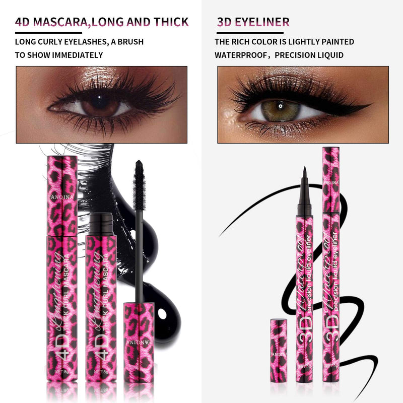 OKENTEN Mascara, 4D Leopard Silk Fiber Lash Mascara, Eyeliner & Mascara Set, Black Waterproof Mascara EyeLiners, Eyeliner Pencil Slim Lasting, Liquid Eyeliner Black A1 - BeesActive Australia