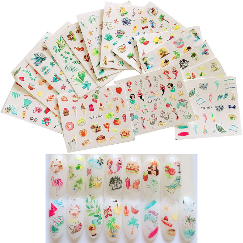 NAIL ANGEL 15sheets Nail Art Water Decals Water Transfer Sticker Different Sea Series Mermaid Holiday Beach Style Designs Fruit Decals for fingernail and toenail Manicure 10221 (10221) - BeesActive Australia