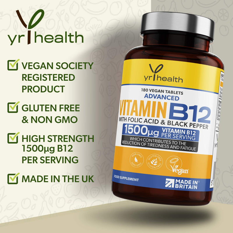Vegan Vitamin B12 Tablets 1500mcg Methylcobalamin High Strength with Added Folic Acid & Black Pepper - 180 Tablets (6 Month Supply) - Reduction of Tiredness & Fatigue - Made in The UK by YrHealth - BeesActive Australia