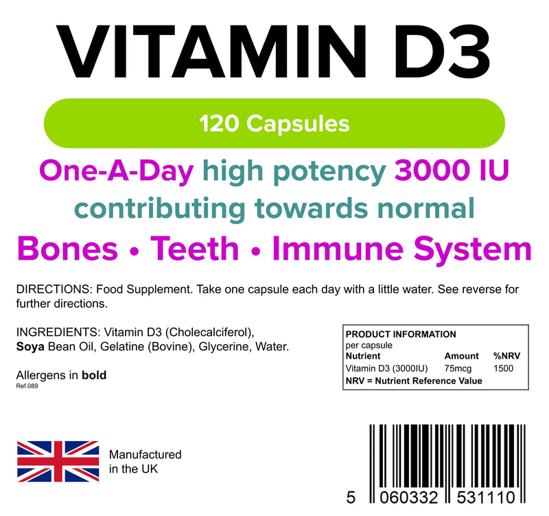 Lindens Vitamin D3 High-Potency 3000IU Capsules - 120 Pack - for Bones, Teeth, Immune System - 1500% NRV - UK Manufacturer, Letterbox Friendly - BeesActive Australia