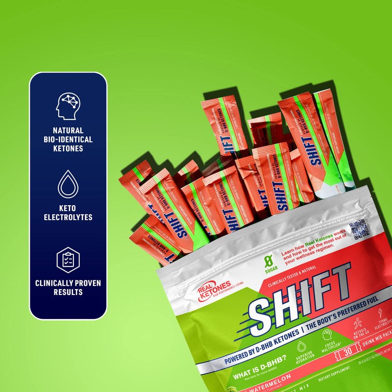 Real Ketones Shift Watermelon Exogenous Keto D BHB Powder + Keto Electrolytes, 30 Drink Mix Packets for Rapid Ketosis - BeesActive Australia