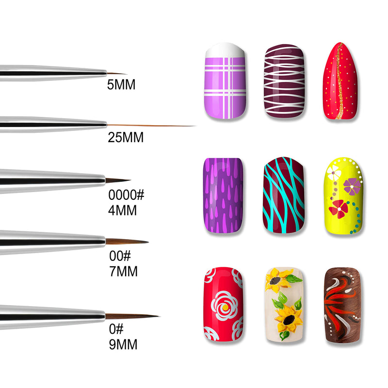 Beaute Galleria 5 Pieces Nail Art Brush Set with Liners (4mm, 7mm, 9mm) Striping Brushes (5mm, 25mm), for Thin Fine Line Drawing, Detail Painting, Striping, Blending, One Stroke - BeesActive Australia