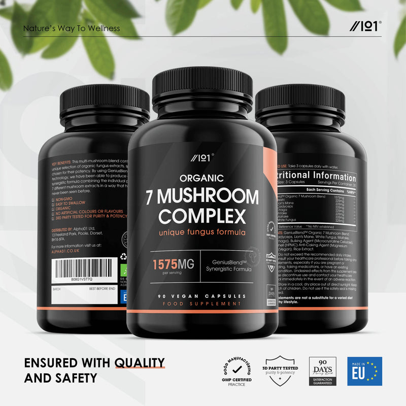 Organic Mushroom Complex 1575mg | Reishi, Cordyceps, Lion's Mane, White Fungus, Maitake, Shitake & Chaga | Non-GMO, Halal. 90 Vegan Capsules 1 - BeesActive Australia