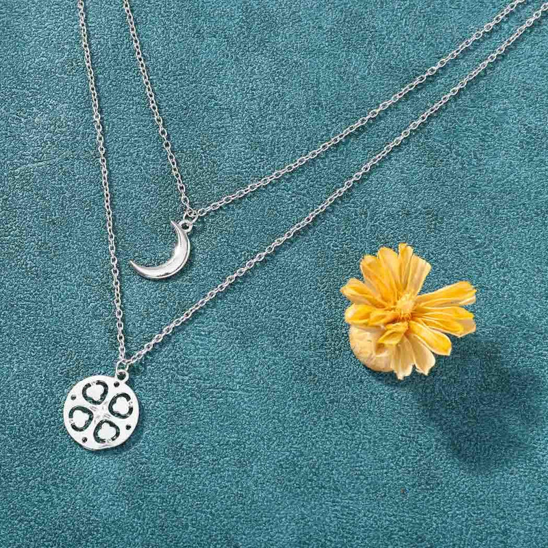 Jovono Multilayered Crescent Moon Pendant Necklaces Four-leaf Clover Necklace Chain Jewelry for Women and Girls (Silver) - BeesActive Australia