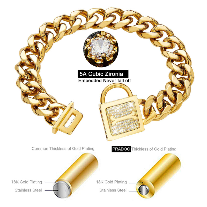 PRADOG Gold Chain Dog Collar Bling Cuban Link Dog Collars with Zirconia Buckle 19mm 18k Gold Silver Dog Chain Necklace Puppy Collar(12 to 26in) 24" ( Fits Neck 22" to 23.5") - BeesActive Australia