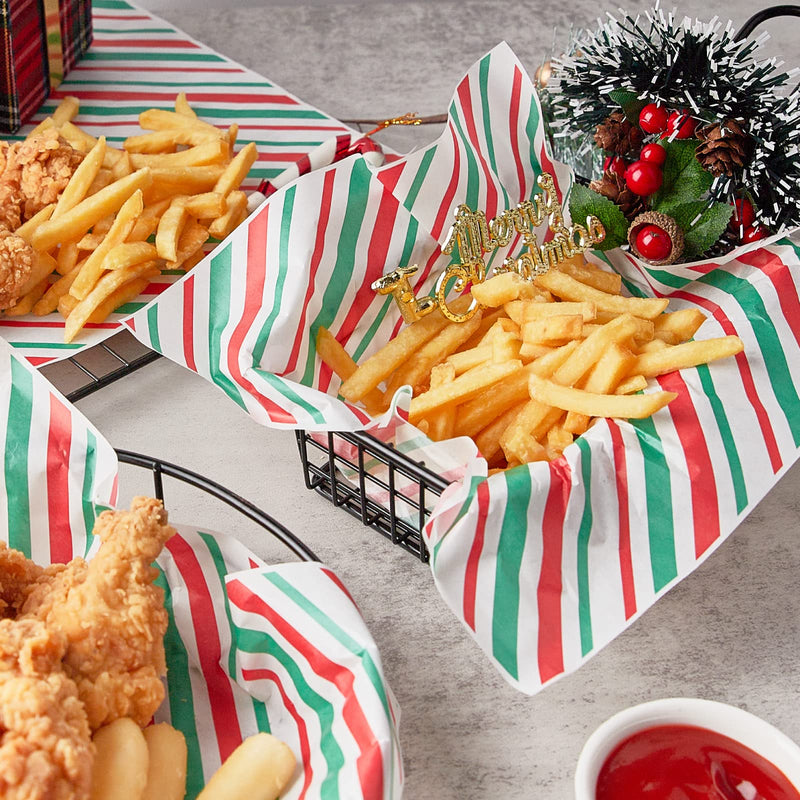 Zezzxu 100 Sheets Christmas Wax Paper - 8.5" × 9.8" Xmas Food Parchment Paper Grease Proof Deli Basket Liners for Wrapping Cookies, Goodies, Sandwich Xmas Stripe Pattern - BeesActive Australia