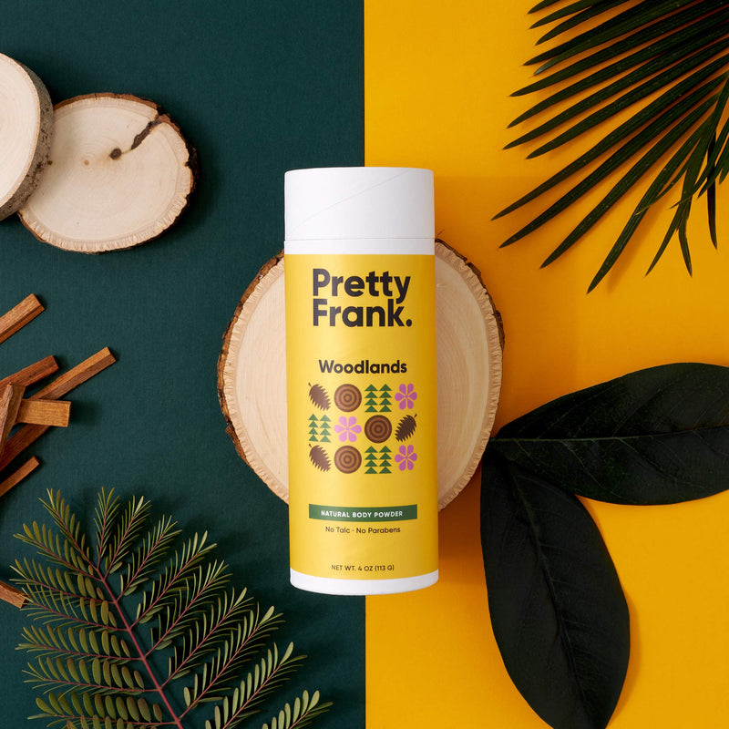 Pretty Frank Body Powder - Talc Free Body Powder for Women and Men to Help Combat Wetness with Non-Aluminum Baking Soda, Kaolin Clay Powder, Cocoa Butter and Organic Essential Oils - Woodlands 2pk 4 Ounce (Pack of 2) - BeesActive Australia