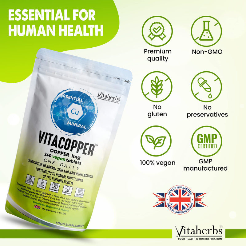 Copper Supplement 1000 mcg 240 Vegan Tablets � Copper tablets � 8 Month Supply-Contributes To Normal Hair And Hair Pigmentation | Nervous System | Immune System | Copper 1mg - Vitacopper by Viateherbs - BeesActive Australia