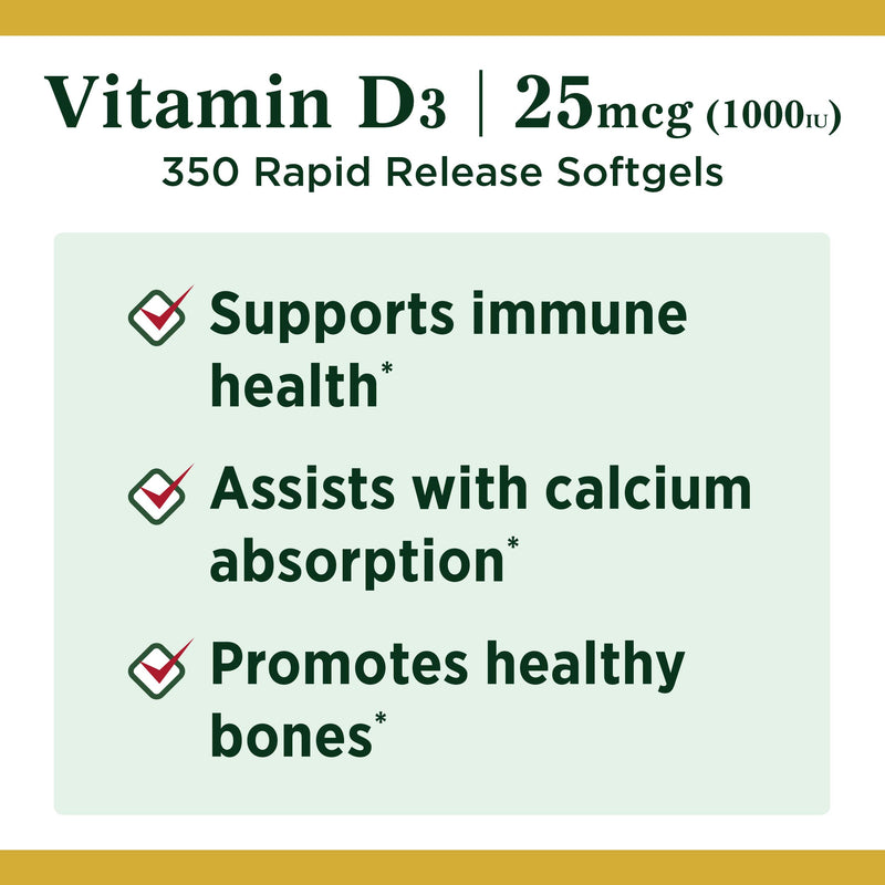 Vitamin D3 by Nature’s Bounty for immune support. Vitamin D3 provides immune support and promotes healthy bones. 1000IU, 350 Softgels 350 Count (Pack of 1) - BeesActive Australia