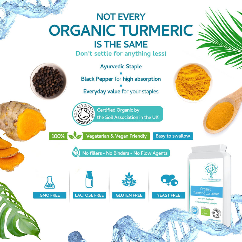 Organic Turmeric Curcumin 1000mg daily dose plus Organic Black Pepper - High Potency - 120 Veg Capsules - UK Manufactured Certified Organic, Non-GMO & Gluten Free - Suitable for Vegetarians and Vegans - BeesActive Australia