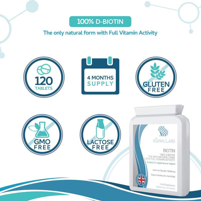 Biotin 10,000mcg 120 Tablets - Made Using 100% D-Biotin The only Natural Form with Full Vitamin B7 Activity to Support Healthy Hair, Nails and Skin - BeesActive Australia