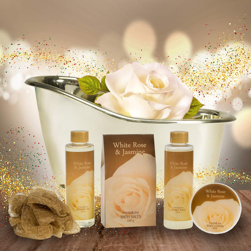 White Rose Jasmine Spa Set For Women Displayed in Elegant Gold Tub Includes Shower Gel, Bubble Bath, Body Lotion, Jasmine Bath Salt and Pouf, Award Winning Bath and Body Set White Rose Jasmine - BeesActive Australia