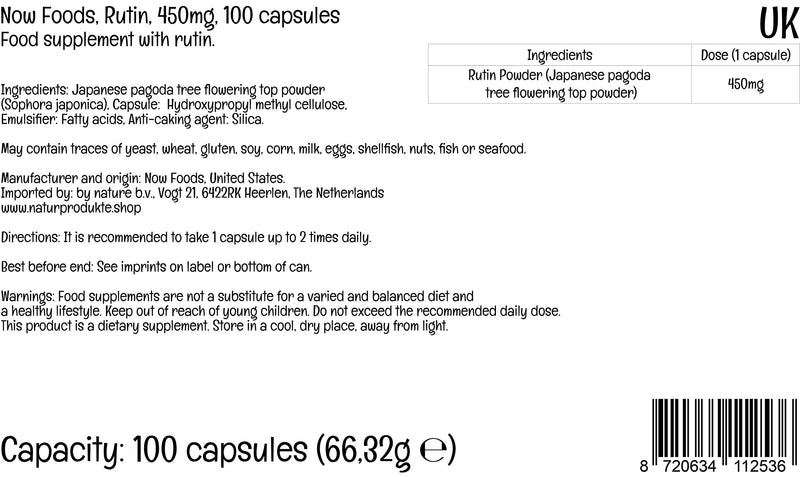 Now Foods, Rutin, 450mg, 100 Vegan Capsules, Lab-Tested, Bioflavonoid, Gluten Free, Soy Free, Vegetarian - BeesActive Australia