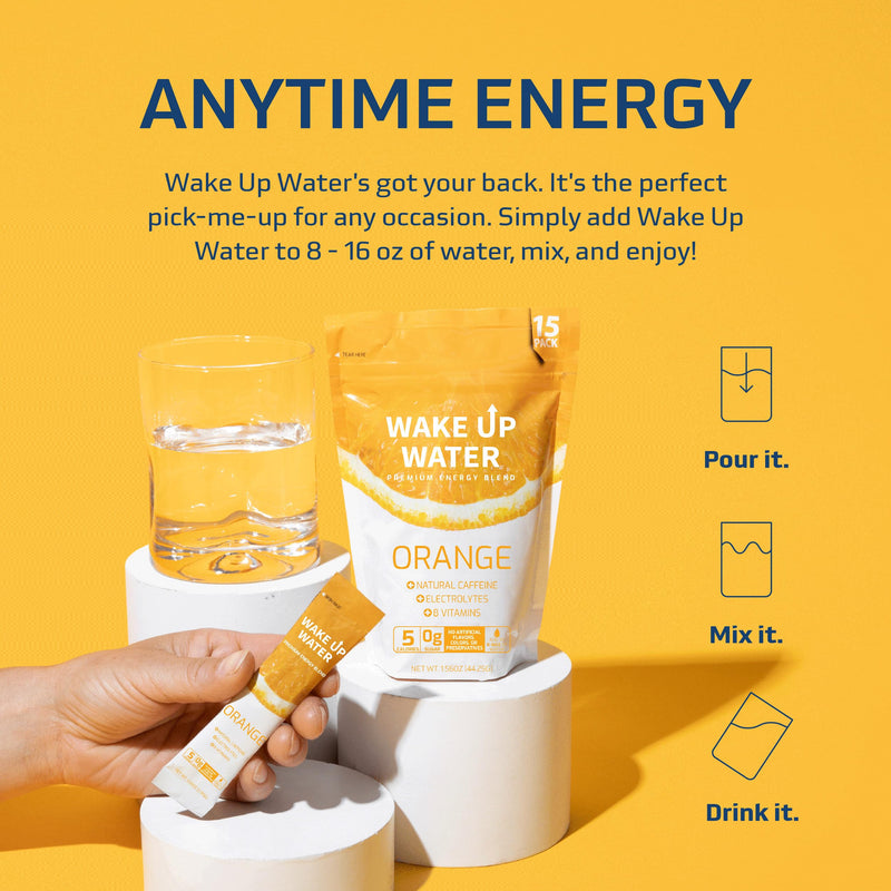 Wake Up Water Energy + Hydration Mix – Energy + Hydration Powder Packets With Natural Caffeine, Electrolytes, B Vitamins | No Sugar | Daily Fuel With No Crash Or Jitters | (Orange) Orange - BeesActive Australia