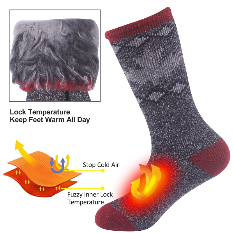 Warm Thermal Socks, Sunew Unisex Thick Insulated Heated Winter Heavy Crew Socks 2 Pair Gray Red Black Large - BeesActive Australia