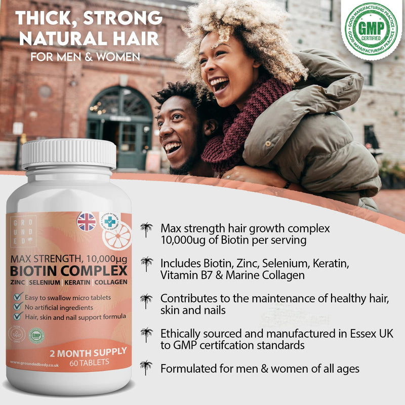 Biotin Hair Growth Supplement Complex 60 Tablets | 10,000 mcg Biotin with Collagen, Selenium, Keratin & Zinc | Promotes Growth, Thickness, Strength & Volume | Men & Women Hair Support Vitamins - BeesActive Australia