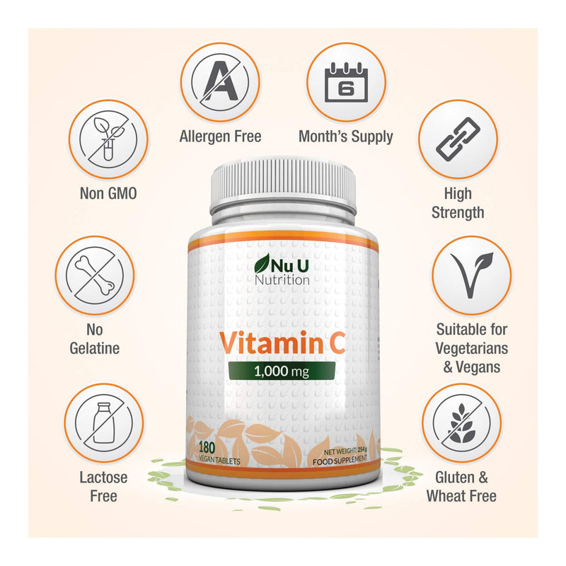 Vitamin C 1000mg | 180 Tablets (6 Month's Supply) | Ascorbic Acid, Suitable for Vegetarians & Vegans by Nu U Nutrition - BeesActive Australia