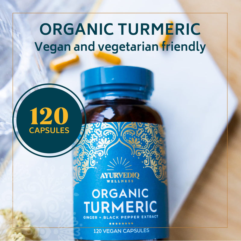 Ayurvediq Wellness, 120 caps Organic Turmeric Ginger and Black Pepper Capsules Curcumin capsules, Ginger Supplement, Ginger Capsules, Turmeric and Black Pepper Capsules, Gluten Free, Dairy Free, Vegan - BeesActive Australia