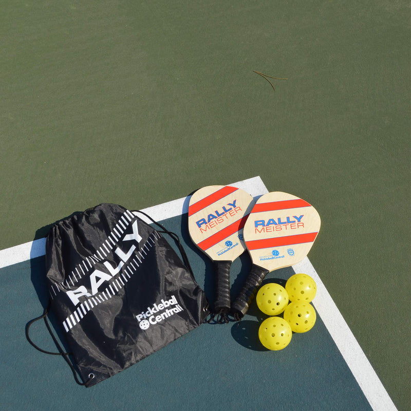 Rally Meister Beginner Wood Pickleball Paddle Set for 2 Players (2 Paddles + 4 Outdoor Pickleballs + Drawstring Bag + Rules/Strategy Guide) - BeesActive Australia