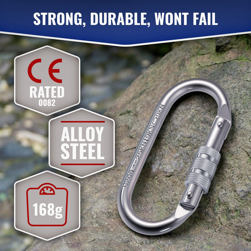 25kn Climbing Carabiner Clip - Heavy Duty O-Shape Steel Locking Caribeaner - UIAA / CE Certified Rock Climbing Gear - Strong Large Locking Oval Caribeener for Mountain Climbing 1pc - BeesActive Australia