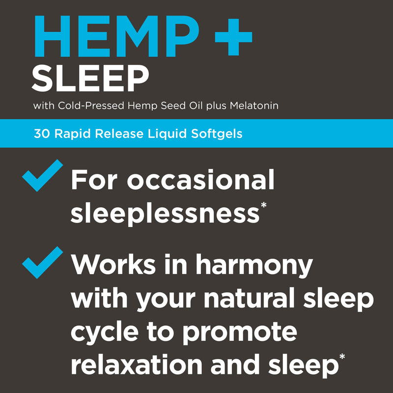 Nature's Bounty Hemp + Sleep by, for Occasional sleeplessness, Rapid Release Liquid Softgels, 30 Count - BeesActive Australia