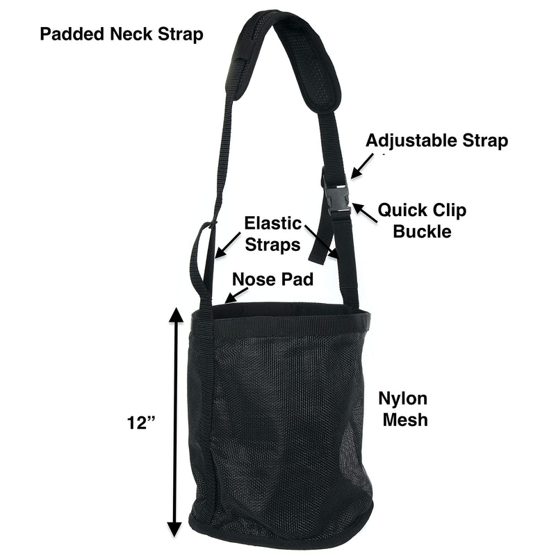 Majestic Ally Horse Feed Bag, Heavy Duty Nylon Mesh Grain Feed Bag, Adjustable Strap with Durable Snap and Elastic Straps, Comfort Neck Pad and Nose Pad- Large Full Black - BeesActive Australia