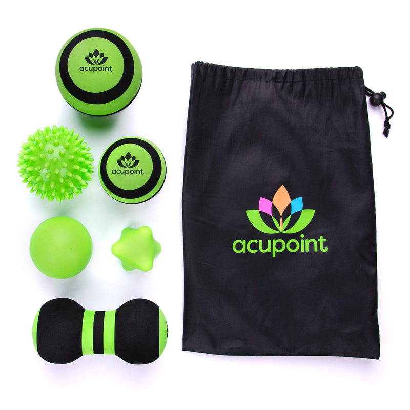 Acupoint Massage Ball Set 6 Physical Therapy Balls for Post Workout Deep Tissue Trigger Point Myofascial Release Lacrosse Ball Peanut Ball Spiky Ball Hand Therapy Ball Lg & Sm Foam Balls Green - BeesActive Australia
