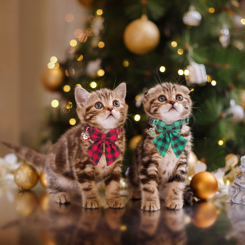 ADOGGYGO Christmas Cat Collars Breakaway with Stylish Bowtie, 2 Pack Red Green Plaid Christmas Kitten Collar with Bell Removable Bow Cat Christmas Collar for Cats Kittens - BeesActive Australia