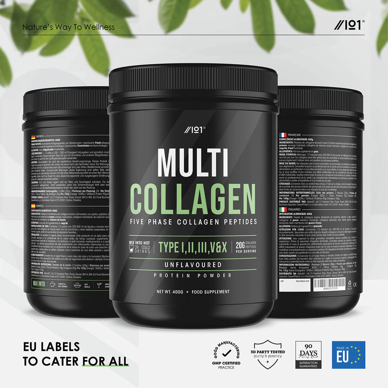 Multi Collagen Protein Powder (400g) - Types I, II, III, V & X - Hydrolyzed Grass Fed Bovine, Wild Caught Fish, & Free-Range Chicken & Eggshell Collagen. Non-GMO, Halal. 400 g (Pack of 1) - BeesActive Australia