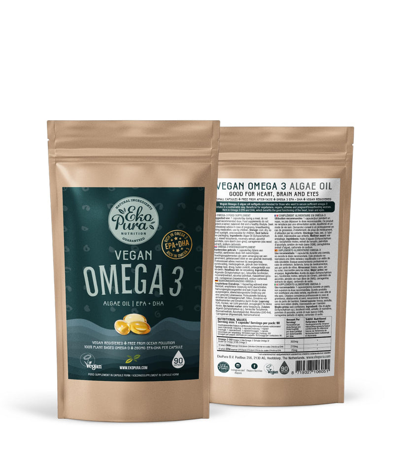 Ekopura Vegan Omega 3 Algae Oil 90 Capsules (280mg) | 210mg DHA + 70mg EPA Per Capsule | Support Brain, Eye & Heart Health | Plant-Based Alternative to Fish Oils | 3 Months Supply (1 Capsule Per Day) - BeesActive Australia