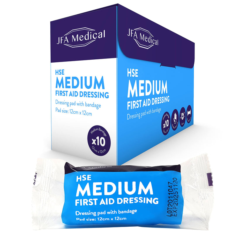 JFA Medical HSE Medium Sterile First Aid Wound Dressing Bandage with Pad 12 x 12cm - Pack of 10 Bandages 10 Count (Pack of 1) - BeesActive Australia