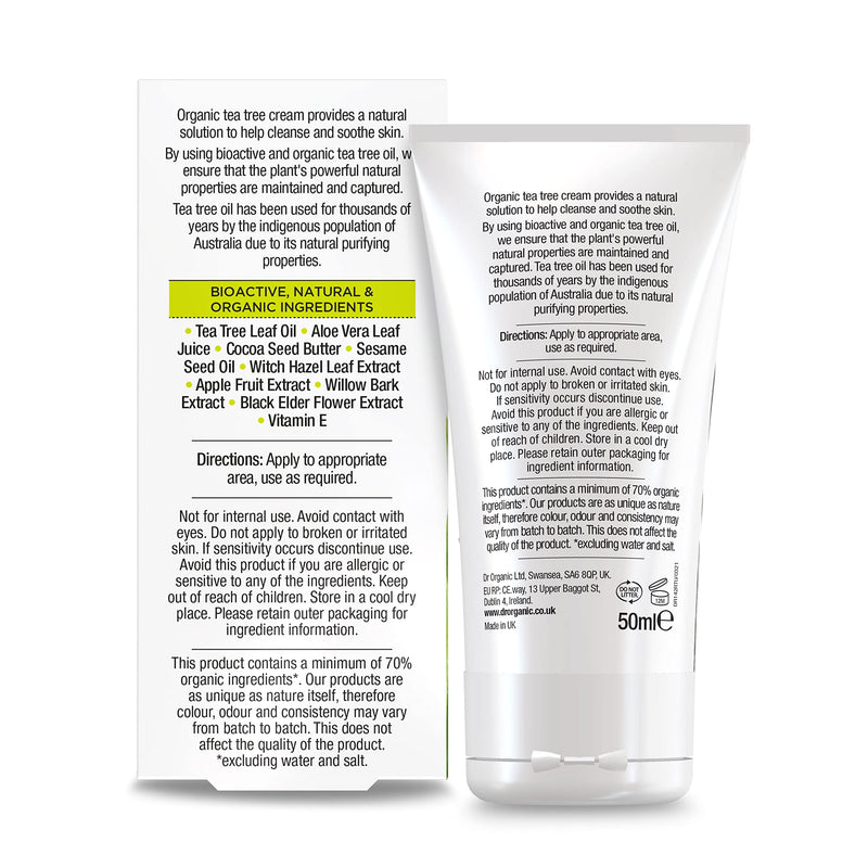 Dr Organic, Organic Tea Tree Purifying Cream , Natural , Vegan , Cruelty Free , Paraben & SLS Free , 50ml - BeesActive Australia