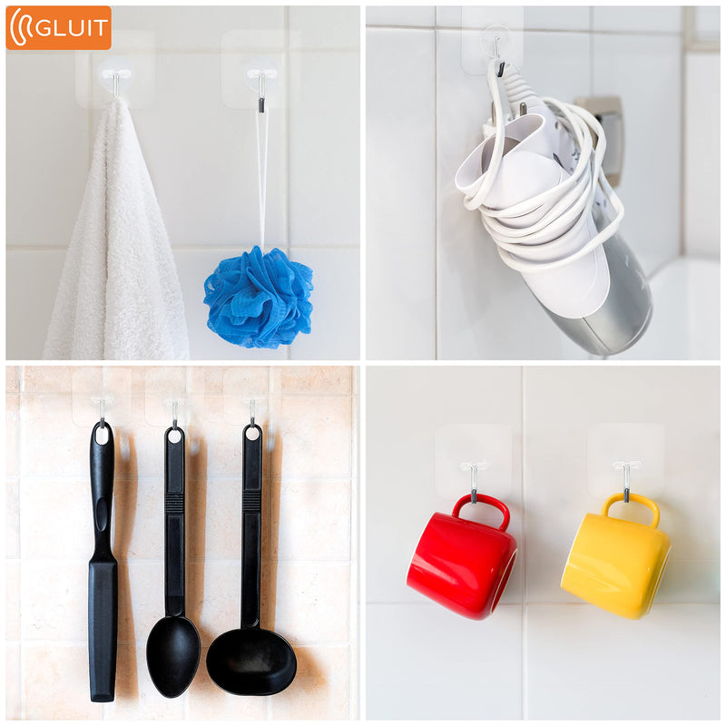 GLUIT Adhesive Hooks for Hanging Heavy Duty Wall Hooks 22 lbs Self Adhesive Sticky Hooks Waterproof Transparent Hooks for Keys Bathroom Shower Outdoor Kitchen Door Home Improvement Sticky Hook 6 Pack 6 Medium Hooks - BeesActive Australia