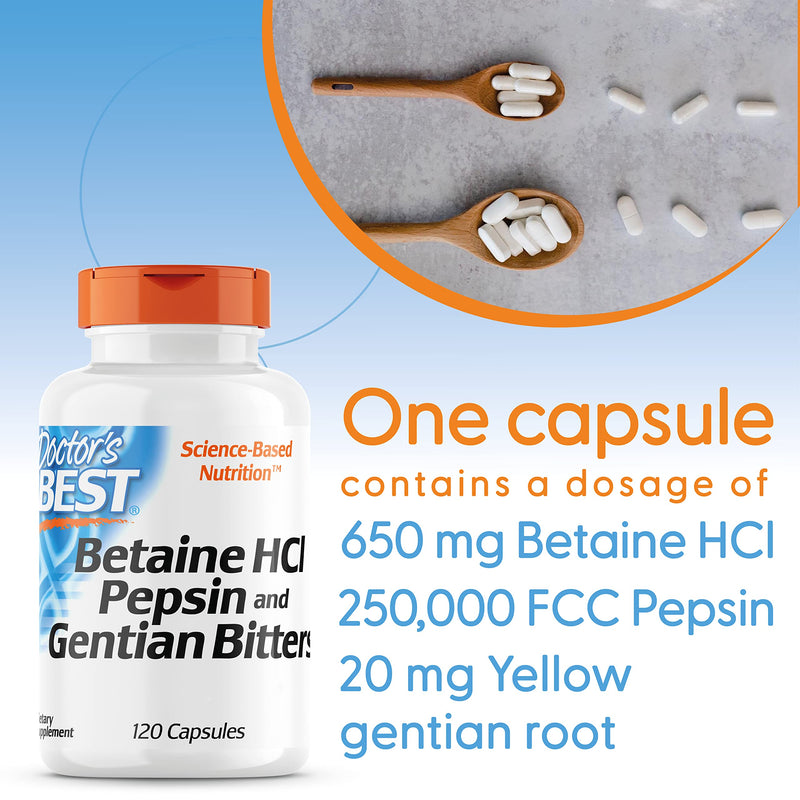 Doctor's Best, Betaine HCl (Betaine Hydrochloride) with Pepsin and Bitter Substances from Gentian, 650mg, 120 Soft Capsules, Highly Dosed, Laboratory-Tested, SOYA-Free, Gluten-Free, Non-GMO - BeesActive Australia