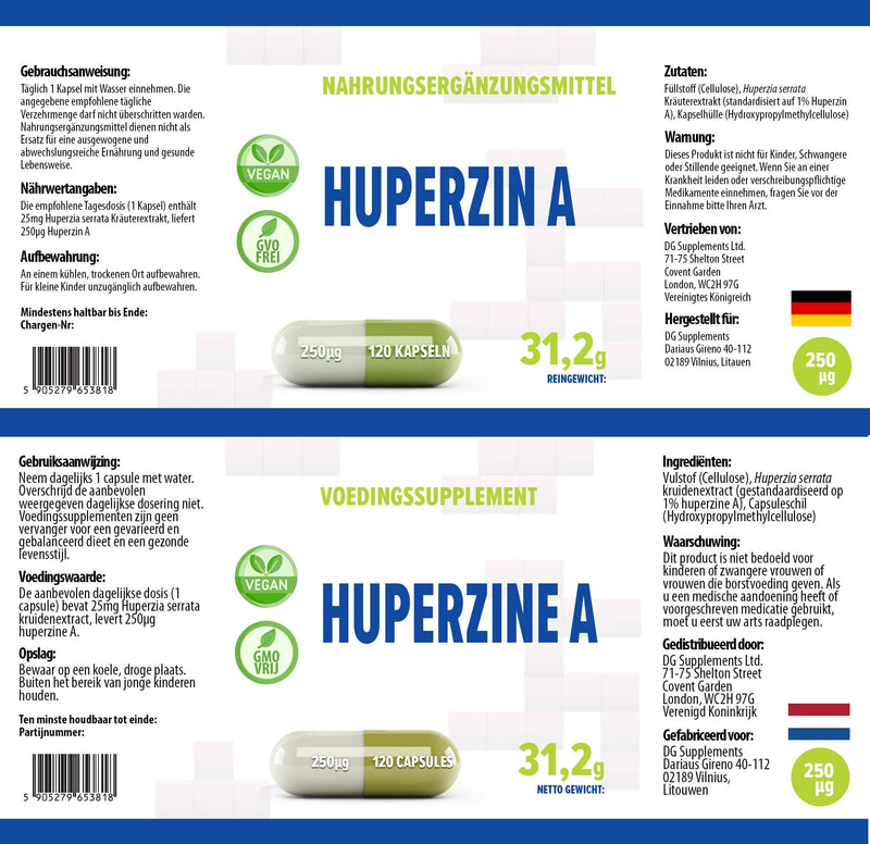 Huperzine A 250 mcg 120 Vegan Capsules, 3rd Party lab Tested, High Strength Supplement, Gluten and GMO Free - BeesActive Australia