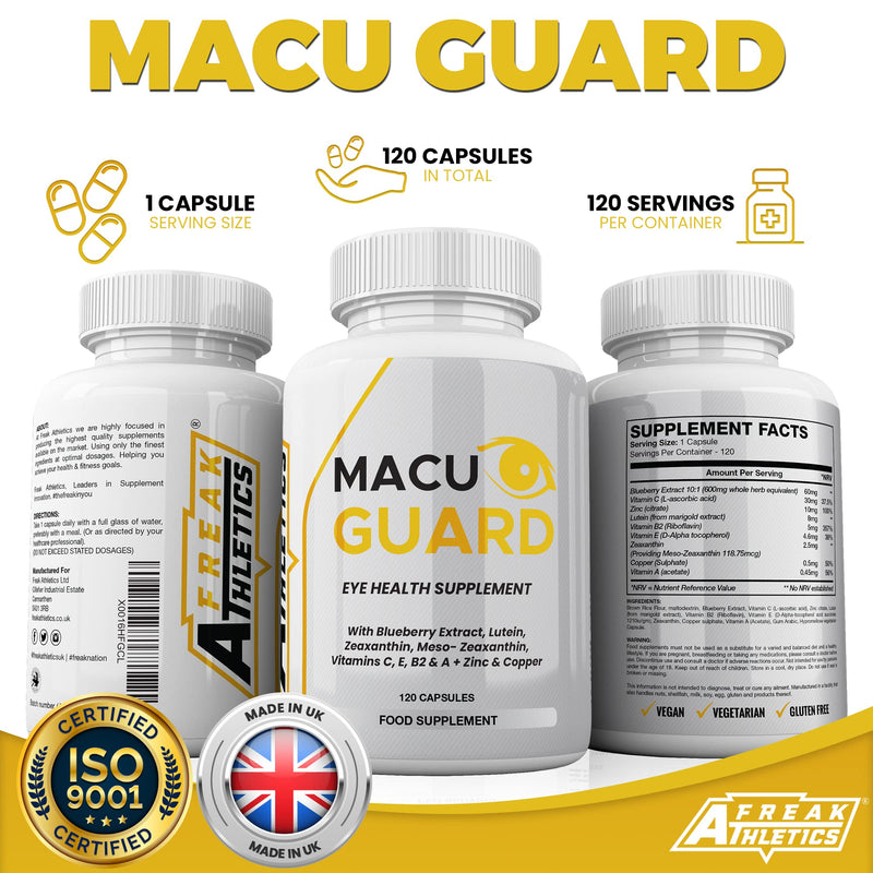 MacuGuard+ Eye Supplement - 120 Capsules - Zeaxanthin, Meso Zeaxanthin, Lutein, Blueberry Extract Plus Vitamins and Minerals - Premium UK Made - BeesActive Australia