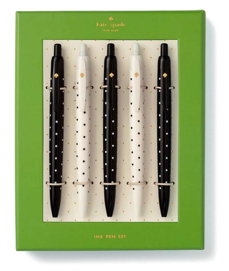 Kate Spade New York Black Ink Pen Set of 5, Smooth Plastic Click Pens, Black Dots - BeesActive Australia