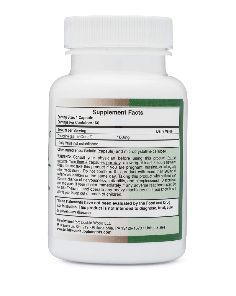 Theacrine (Teacrine) 100 Mg, 60 Capsules - Energy and Focus Supplement (Similar to Caffeine Pills but More Subtle and Longer Lasting) Manufactured and Third Party Tested in The USA by Double Wood - BeesActive Australia