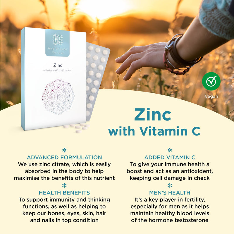 Healthspan Zinc with Vitamin C (360 Tablets) | Immune Health | Bones, Eyes, Skin, Hair & Nails | 15mg Zinc & 80mg Vitamin C per Tablet | Easily Absorbable | One-A-Day | Easy to Swallow | Vegan - BeesActive Australia