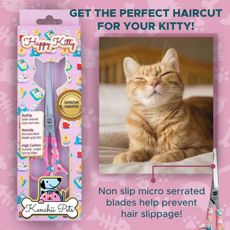 Kenchii Happy Kitty Ball Tip Shears Trimming Scissors for Cats | Pet Grooming Kitten Essentials | Stainless Steel Grooming Scissors for Cats | Safety Blunt Tip Scissors and Cat Grooming Tools | 5.5 In 5.5 Inch Pink - BeesActive Australia