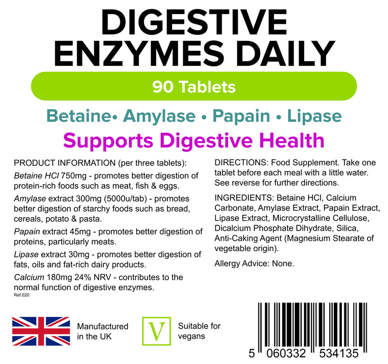 Lindens Digestive Enzymes Daily Tablets - 90 Pack - Contains Betaine Hcl, Papain, Amylase & Lipase to Promote Better Digestion - UK Manufacturer, Letterbox Friendly 90 Count (Pack of 1) - BeesActive Australia