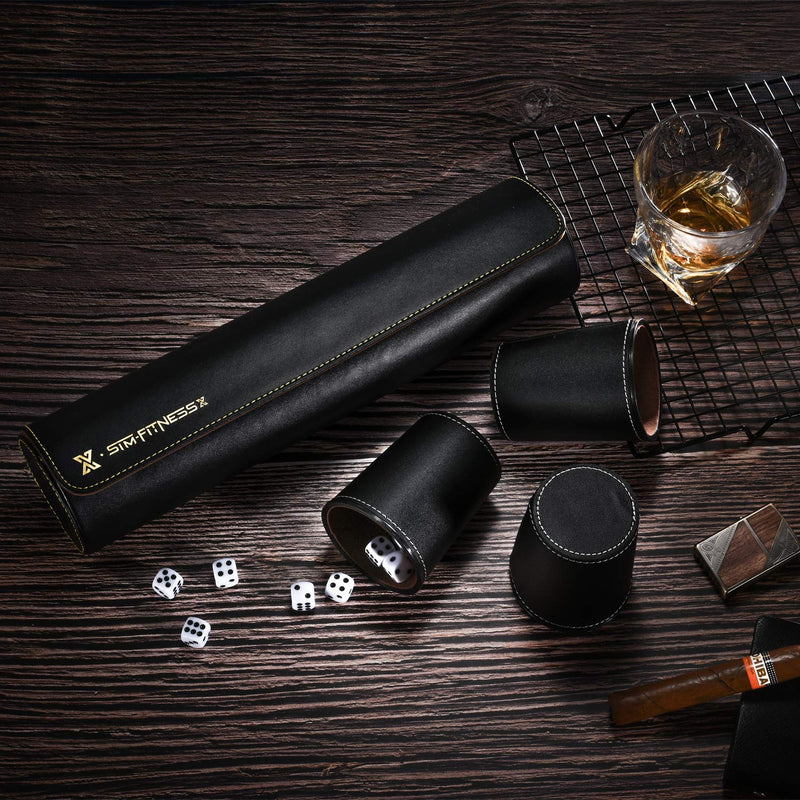 Party Games Leather Dice Cup Set, 5 Black Leather Dice Cups + 25 Dice + Exclusive Storage and Transport Case Made of Faux Leather with Magnetic Closure - BeesActive Australia