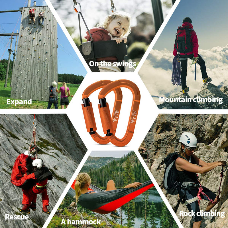 FVW Auto Locking Rock Climbing Carabiner Clips,Professional 25KN (5620 lbs) Heavy Duty Caribeaners for Rappelling Swing Rescue & Gym etc, Large D-Shaped Carabiners Orange*5 - BeesActive Australia