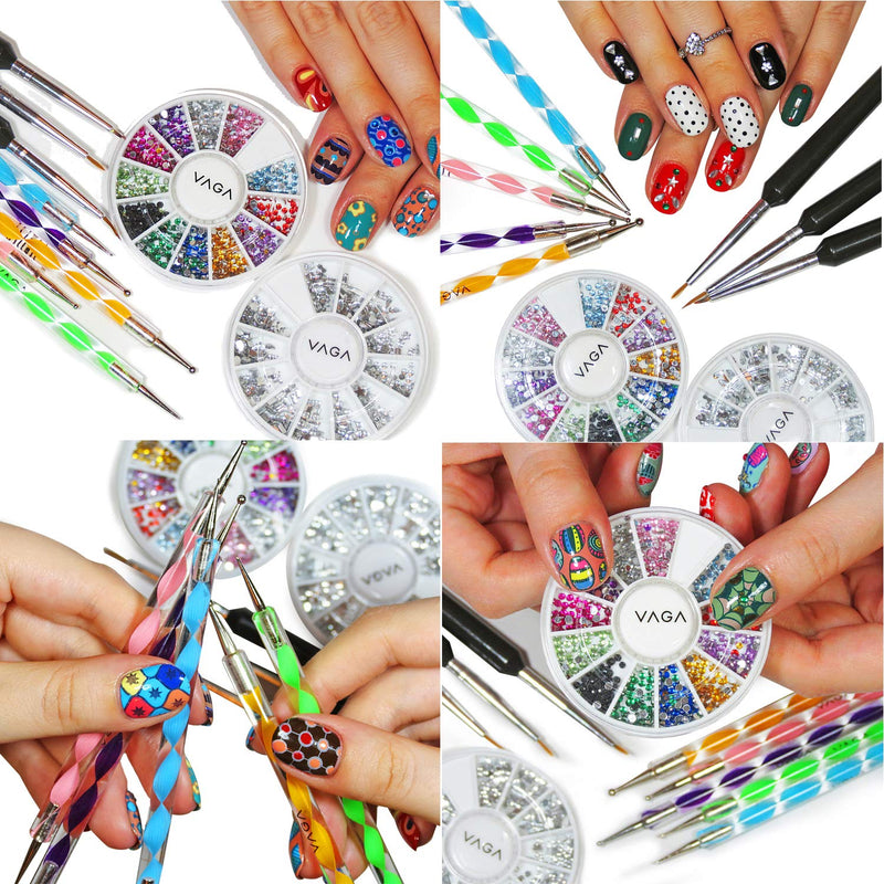 VAGA Nail Art Supplies Acrylic Nail Kit With 5 Nail Dotting Tools, Nail Art Brushes 3pc Nail Brush Set, Nail Gems And Rhinestones, A Professional Manicure Tool Acrilycs Nails Kit With Nail Jewels Set - BeesActive Australia