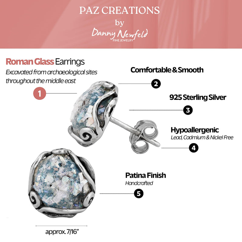 Paz Creations Women's 925 Sterling Silver Roman Glass Patina Stud Earrings - Handcrafted In Israel Round-Cut Ball Earring - Unique Natural Organic Jewelry For Her - BeesActive Australia