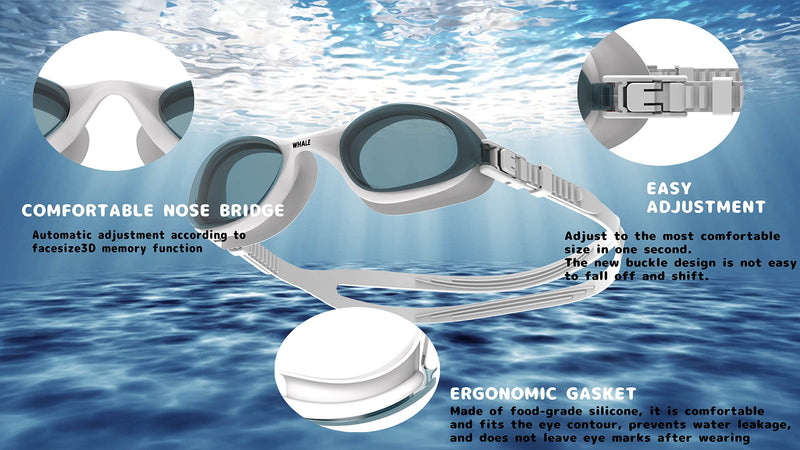 Whale Swimming Goggles Anti-Fog Anti-UV Silicone Swim Goggles Adult Women Men White Frame/Black Lens - BeesActive Australia