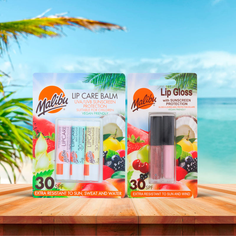 Malibu Sun SPF 30 Sunscreen Lip Gloss, High Protection, Water and Wind Resistant, Coconut and Strawberry, Pack of 2 x 1.5ml - BeesActive Australia